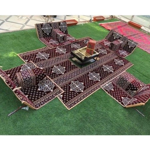 طقم جلسة أرضية 9 قطع: فرشة 300×200 سم، 4 كراسي أرضية لشخصين و4 مراكي مريحة، للرحلات والتخييم